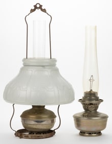 ALADDIN MODEL NO. 10 AND 12 NICKEL-PLATED KEROSENE HANGING LAMP ARTICLES, LOT OF TWO