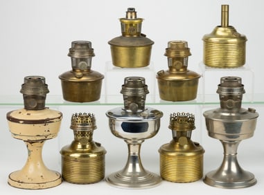ASSORTED ALADDIN MODEL NOS. BRASS AND NICKEL-PLATED KEROSENE DROP-IN FONTS AND STAND LAMPS, LOT OF