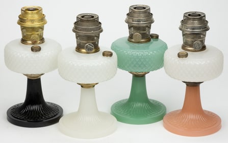ALADDIN MODEL NOS. B-85, B-86, B-90, B-91 / DIAMOND-QUILT KEROSENE STAND LAMPS, LOT OF FOUR