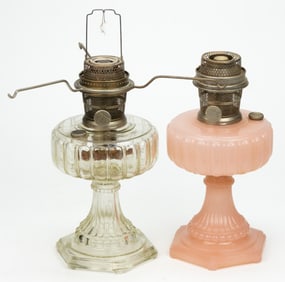 ALADDIN MODEL NOS. B-107 AND B-112 / CATHEDRAL KEROSENE STAND LAMPS, LOT OF TWO