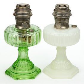 ALADDIN MODEL NOS. B-108 AND B-110 / CATHEDRAL KEROSENE STAND LAMPS, LOT OF TWO
