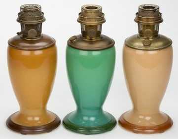 ALADDIN MODEL NO. 1230A AND NO. 1231A ALPHA ART GLASS KEROSENE SHORT VASE LAMPS, LOT OF THREE