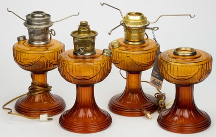 ALADDIN REISSUE MODEL NO. B-61 SHORT LINCOLN DRAPE KEROSENE STAND LAMPS, LOT OF FOUR