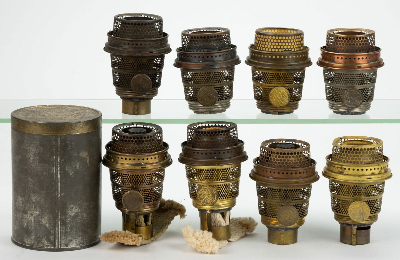 ALADDIN MODEL NO. B NU-TYPE LOX-ON KEROSENE LAMP BURNERS, LOT OF EIGHT: ALADDIN MODEL NO. B NU-TYPE LOX-ON KEROSENE LAMP BURNERS, LOT OF EIGHT, brass including one example with a copper finish gallery, seven examples marked for Chicago and one for Nashville, two