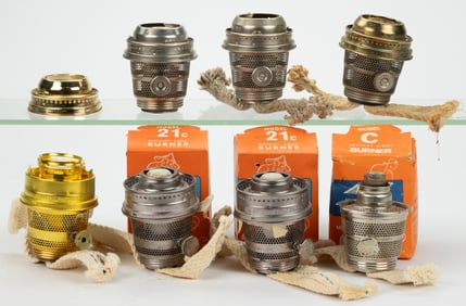 ALADDIN MODEL NOS. 21C AND C LOX-ON KEROSENE LAMP BURNERS AND COMPONENTS, LOT OF EIGHT