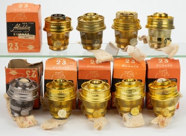 ALADDIN MODEL NO. 23 LOX-ON KEROSENE LAMP BURNERS, LOT OF NINE