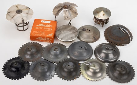 ASSORTED ALADDIN AND OTHER KEROSENE HANGING LAMP SMOKE BELLS AND CHIMNEY TOPPERS, LOT OF 16