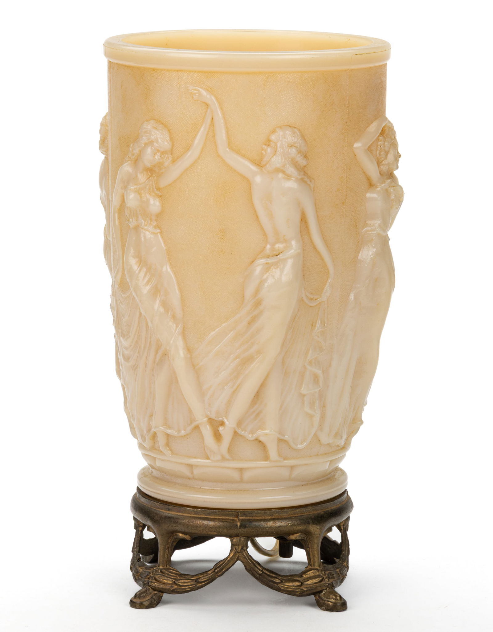 ALADDIN ALACITE "DANCING LADIES" URN / LUMINEERE ELECTRIC TABLE LAMP: ALADDIN ALACITE "DANCING LADIES" URN / LUMINEERE ELECTRIC TABLE LAMP, Ivory Alacite, barrel-form vase with relief molded Lalique-style dancing ladies pattern, cast-brass with gilded fin