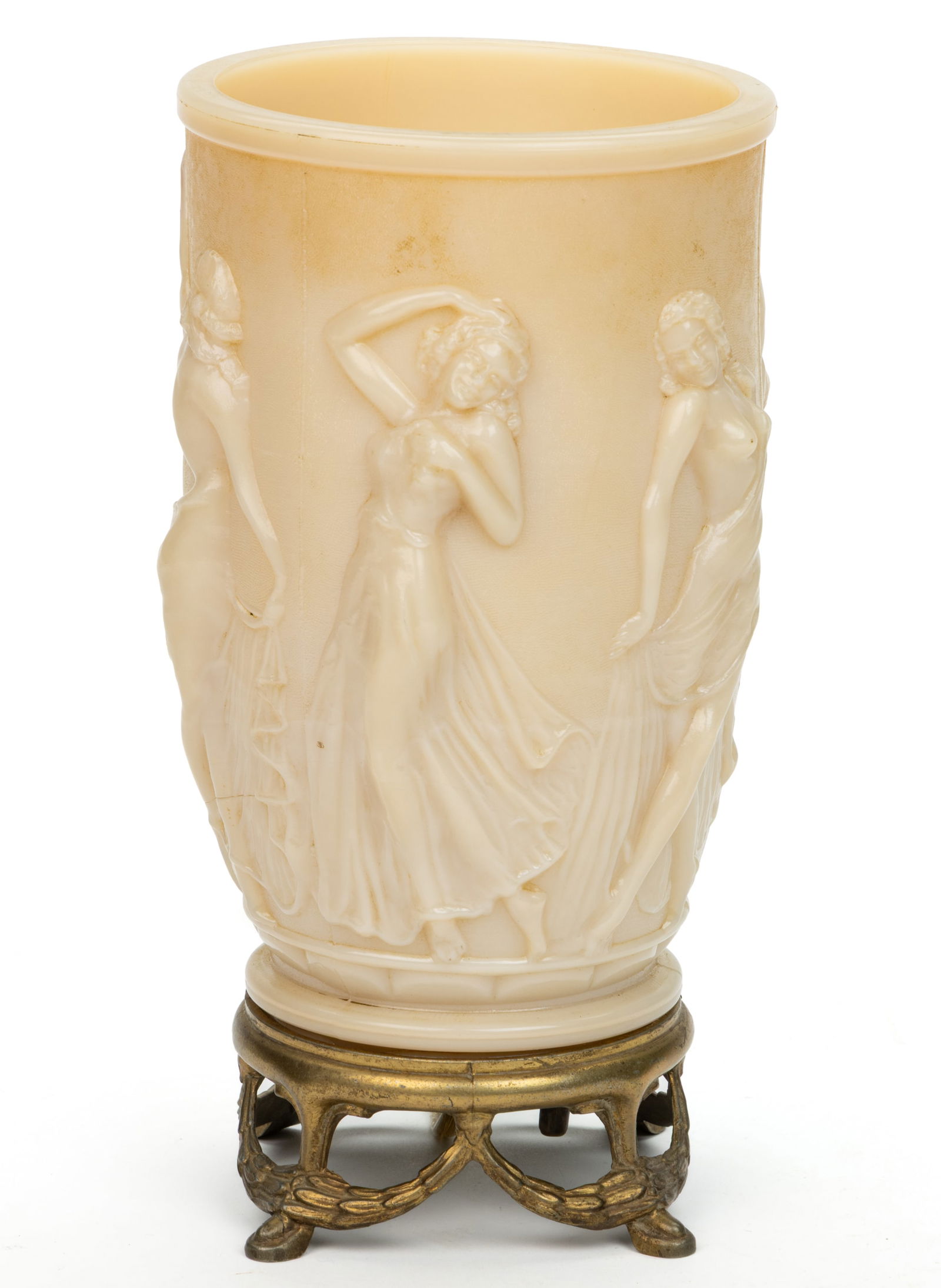 ALADDIN ALACITE "DANCING LADIES" URN / LUMINEERE ELECTRIC TABLE LAMP: ALADDIN ALACITE "DANCING LADIES" URN / LUMINEERE ELECTRIC TABLE LAMP, Ivory Alacite, barrel-form vase with relief molded Lalique-style dancing ladies pattern, cast-brass with gilded fin