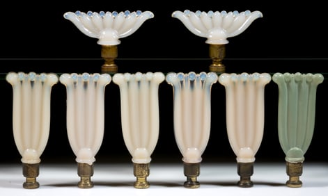 ALADDIN PRECISION AND FLAT TOP / PEACOCK URN ELECTRIC LAMP FINIALS, LOT OF EIGHT