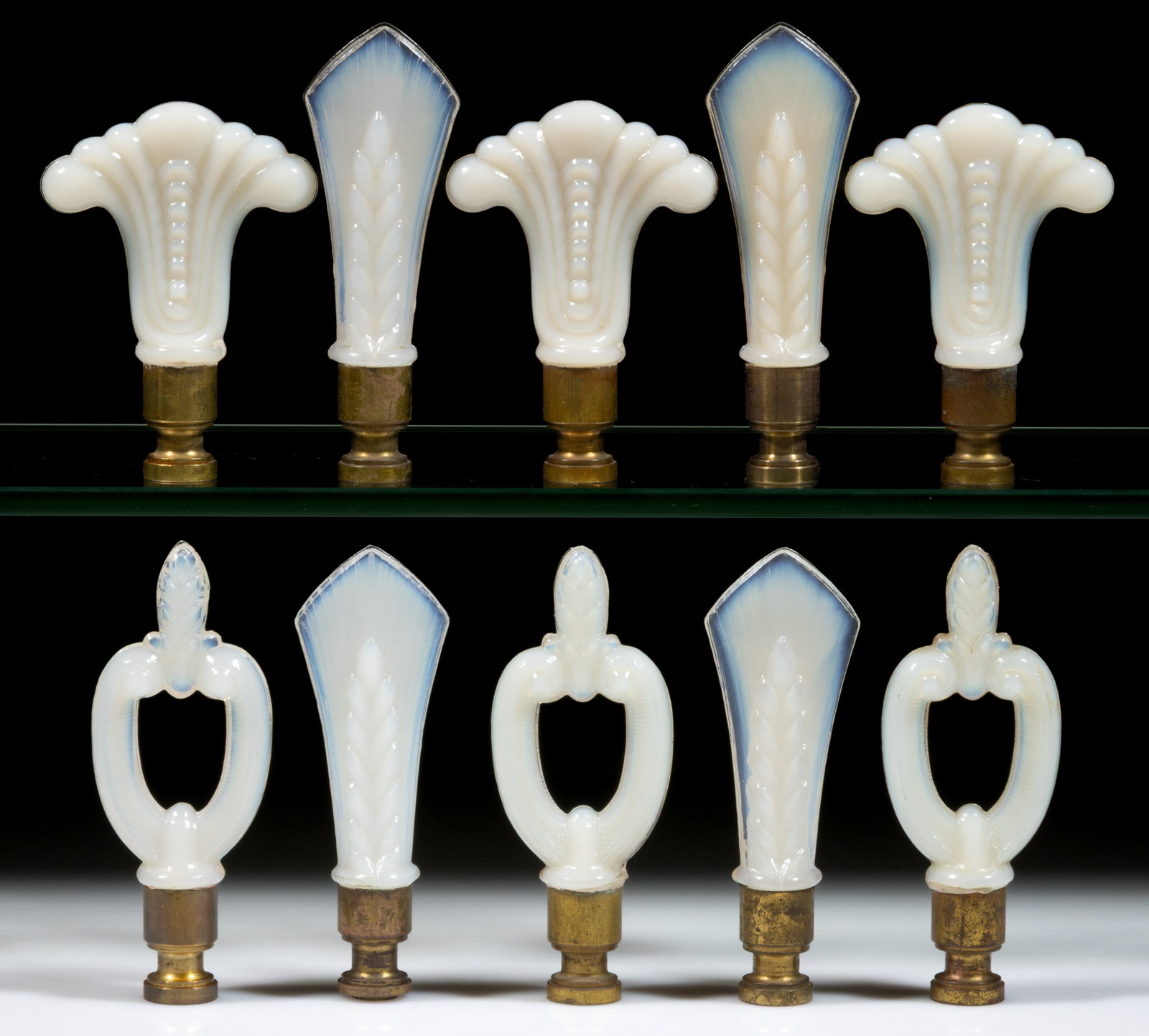 ALADDIN MOONSHEAF, OPEN THROAT, AND WHEAT ELECTRIC LAMP FINIALS, LOT OF TEN: ALADDIN MOONSHEAF, OPEN THROAT, AND WHEAT ELECTRIC LAMP FINIALS, LOT OF TEN, white moonstone, comprising of four Wheat/Wheat Staff examples; three Moonsheaf examples; and three Open Throat/Turn Key ex