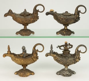 CAST-METAL FIGURAL ALADDIN LAMP TABLE-TOP CIGAR LIGHTERS, LOT OF FOUR