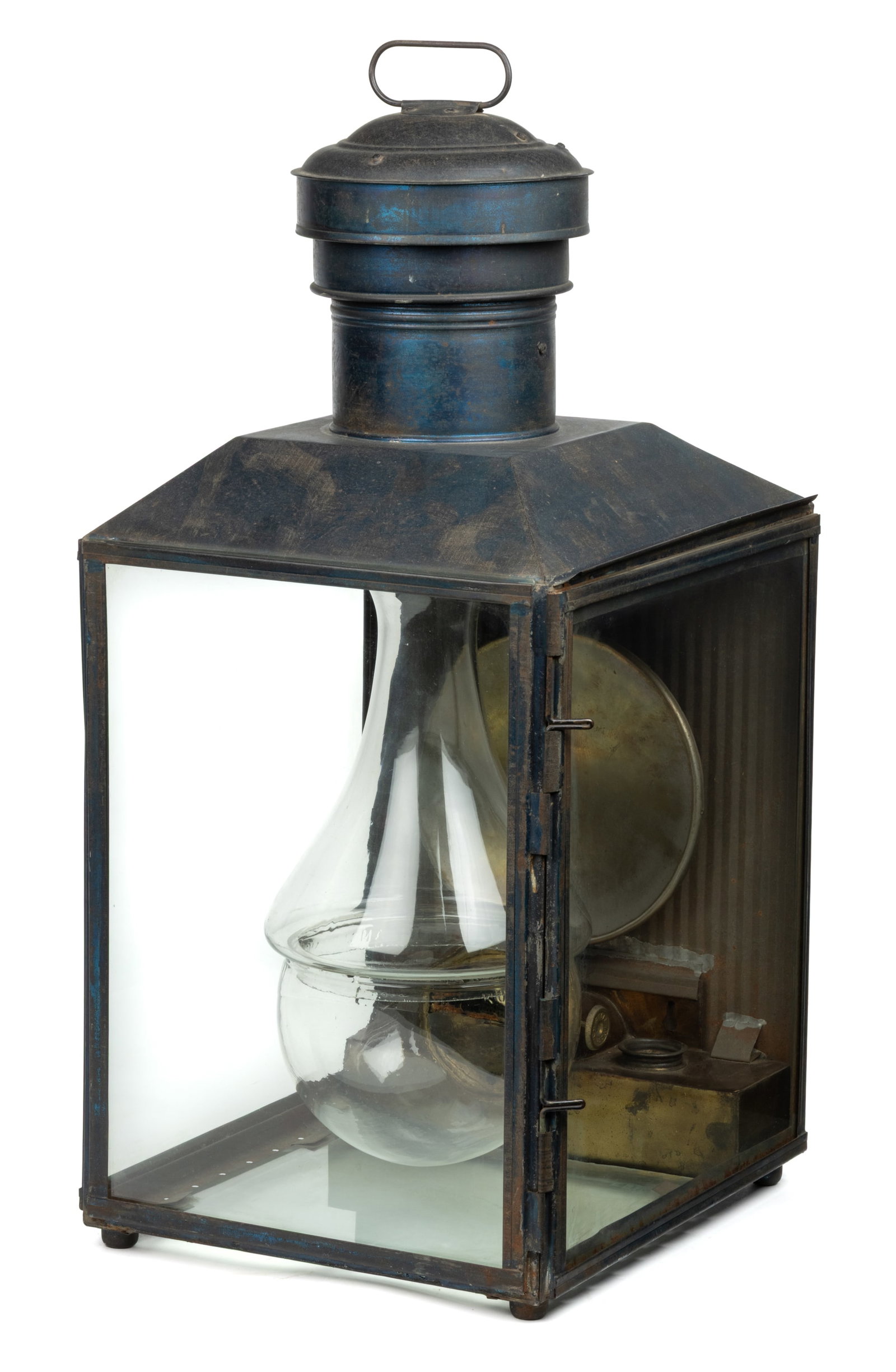 SHEET-IRON NO. 115 UTILITY / OUTDOOR BARN / STATION LANTERN: SHEET-IRON NO. 115 UTILITY / OUTDOOR BARN / STATION LANTERN, overall with a worn blue finish, square-form with three glass panes including one hinged for door, base featuring a glass pane, cap fitted 