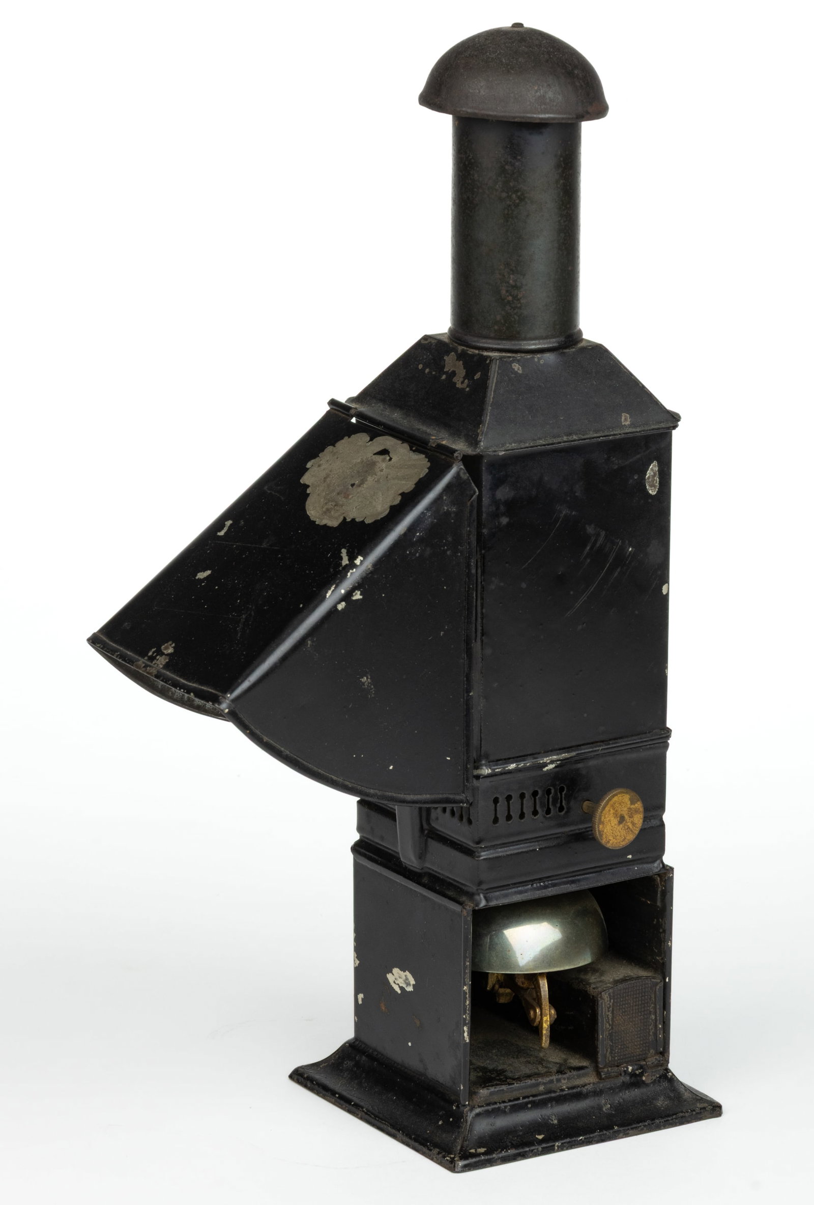 ENGLISH SPIERS & PONDS SHEET-IRON LECTURER'S / SIGNAL / MAGIC KEROSENE LANTERN: ENGLISH SPIERS & PONDS SHEET-IRON LECTURER'S / SIGNAL / MAGIC KEROSENE LANTERN, original black paint and square form, base fitted with a nickel-plated bell and adjacent striker edge, square-fo