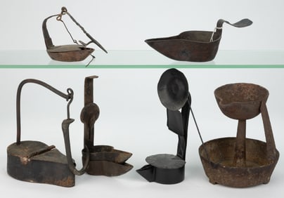 ASSORTED WROUGHT-IRON AND CAST-IRON CRUSIES AND BETTY LAMPS, LOT OF SIX
