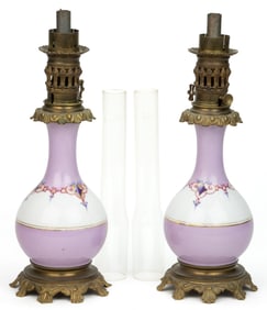 FRENCH CERAMIC ENAMEL DECORATED MODERATOR LAMPS, PAIR