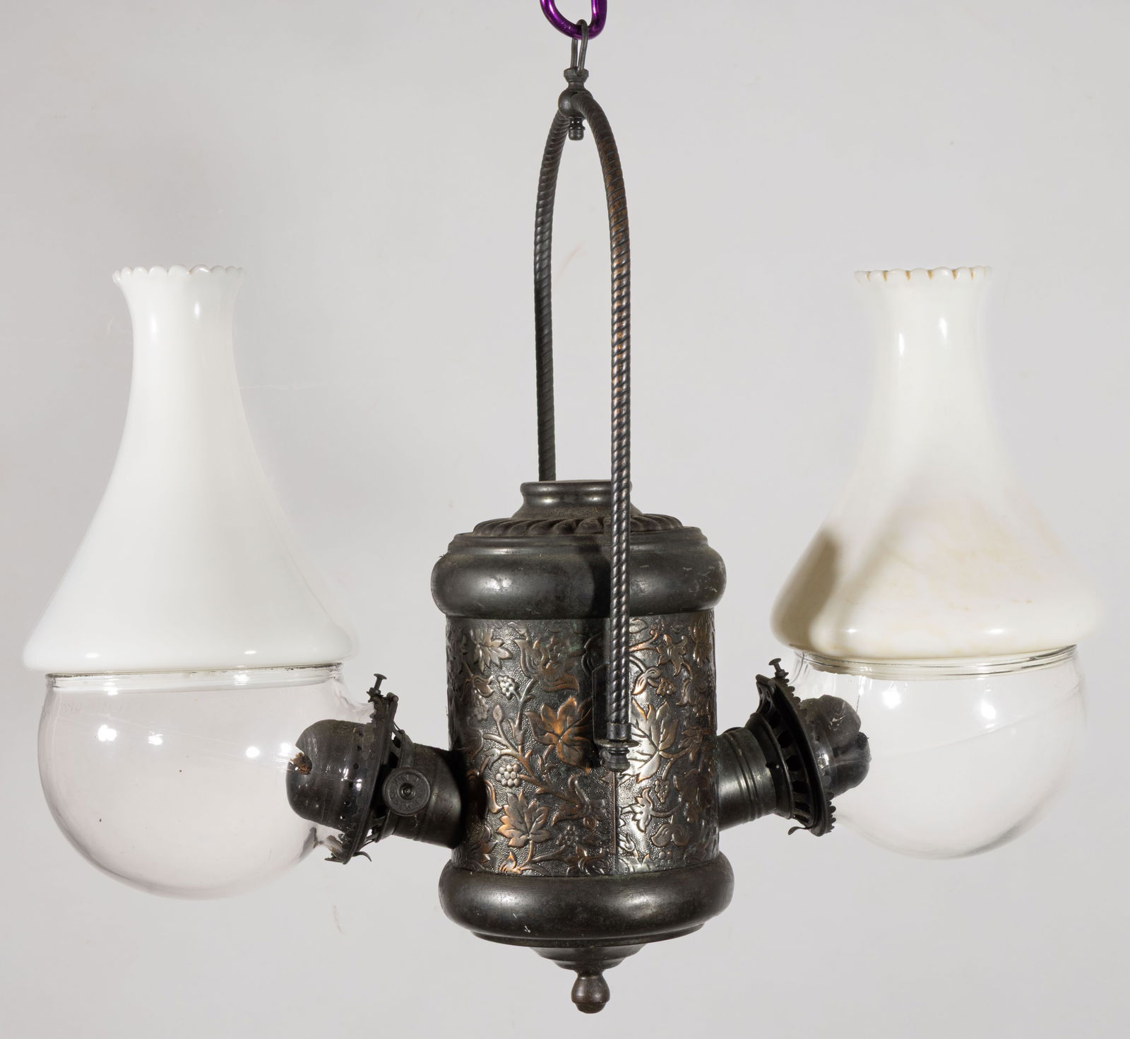 ANGLE LAMP CO. NO. 284 GRAPE DOUBLE-ARM KEROSENE HANGING LAMP: ANGLE LAMP CO. NO. 284 GRAPE DOUBLE-ARM KEROSENE HANGING LAMP, antique copper finish, cylinder-form font with embossed overall grape pattern, arch-form hanging arm with hook, brass drop-in f