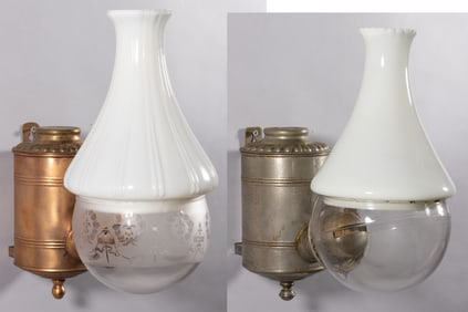 ASSORTED ANGLE LAMP CO. PLAIN CAN SINGLE-ARM KEROSENE WALL-MOUNT LAMPS, LOT OF TWO