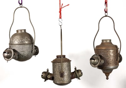 ASSORTED ANGLE LAMP CO. DOUBLE-ARM KEROSENE HANGING LAMPS, LOT OF THREE