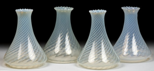 ASSORTED OPALESCENT SWIRL GLASS ANGLE LAMP SHADE TOPS, LOT OF FOUR