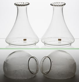 ANGLE LAMP CO. GLASS ETCHED FLORAL BOUQUET BAND ELBOW AND SHADE TOP, PAIR