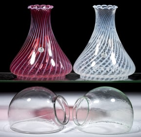 FENTON GLASS CO. REPRODUCTION GLASS RIBBED SWIRL ANGLE LAMP SHADE SETS, LOT OF TWO