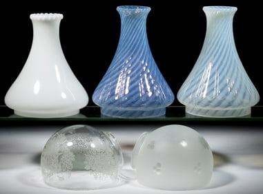 ASSORTED REPRODUCTION GLASS ANGLE LAMP SHADE SETS, LOT OF THREE