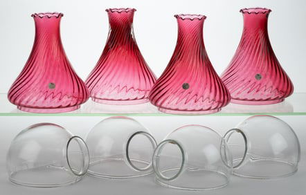 FENTON GLASS CO. REPRODUCTION GLASS RIBBED SWIRL ANGLE LAMP SHADE SETUPS, SET OF SIX