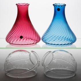 FENTON GLASS CO. REPRODUCTION GLASS RIBBED SWIRL ANGLE LAMP SHADE SETS, LOT OF TWO