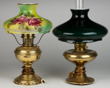 ASSORTED BRASS KEROSENE TABLE LAMPS, LOT OF TWO