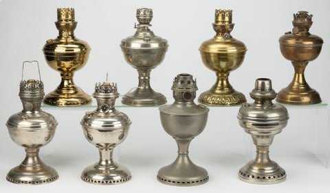 ASSORTED ALADDIN-STYLE BRASS AND NICKEL-PLATED KEROSENE TABLE LAMPS, LOT OF EIGHT
