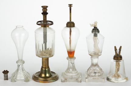 ASSORTED PATTERNED FLUID, VAPOR AND WHALE-OIL LAMPS, LOT OF SIX