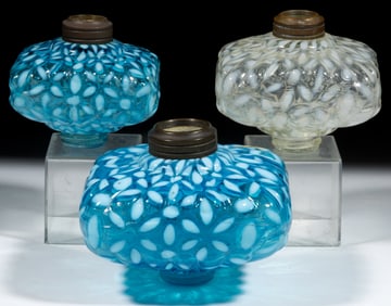 ASSORTED HOBBS NO. 341 / SNOWFLAKE KEROSENE LAMP FONTS, LOT OF THREE