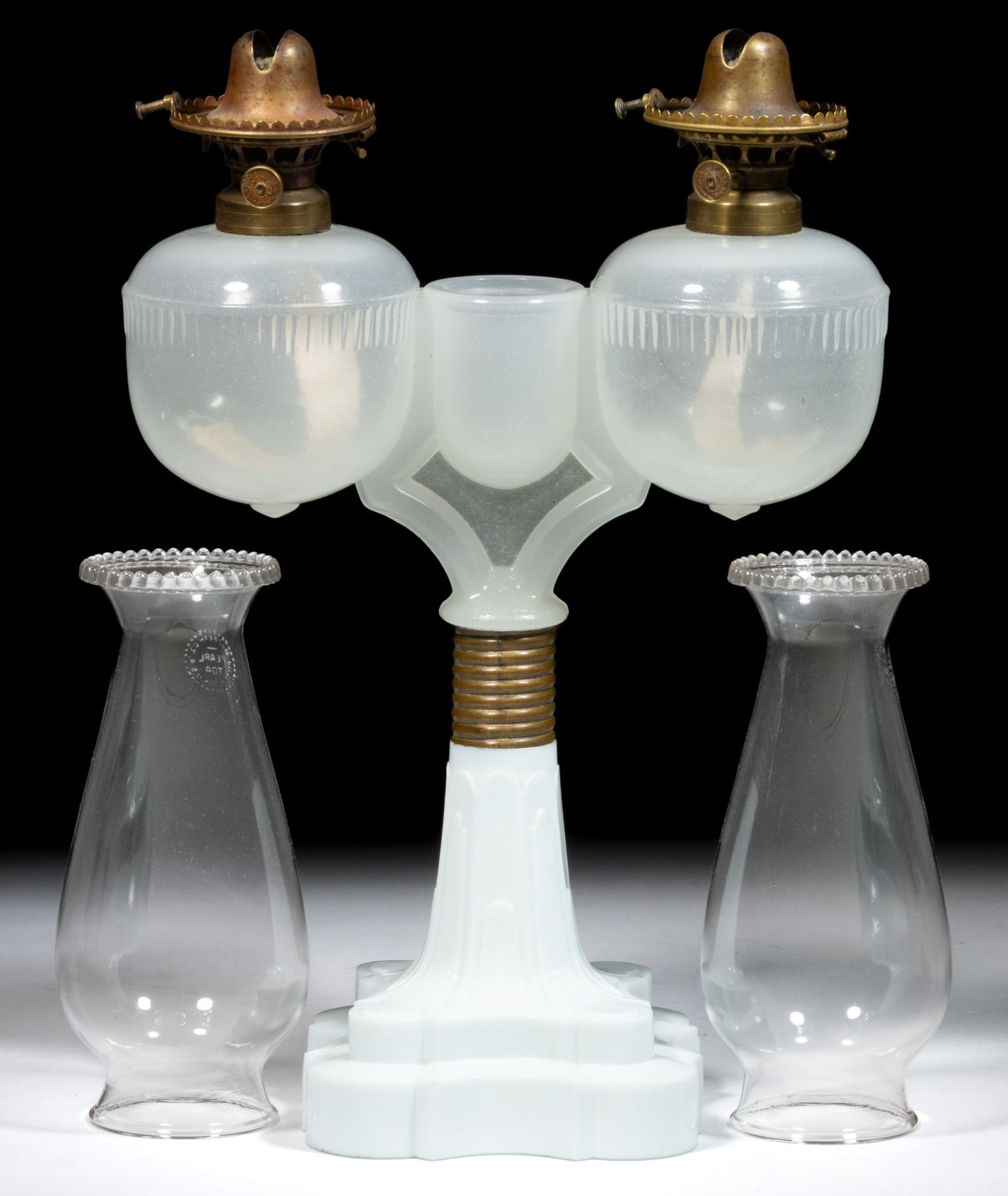 RIPLEY MARRIAGE / WEDDING KEROSENE STAND LAMP: RIPLEY MARRIAGE / WEDDING KEROSENE STAND LAMP, alabaster/clambroth fonts and match holder center, faintly embossed on match holder support "D. C. RIPLEY & CO" and "PAT PENDING&