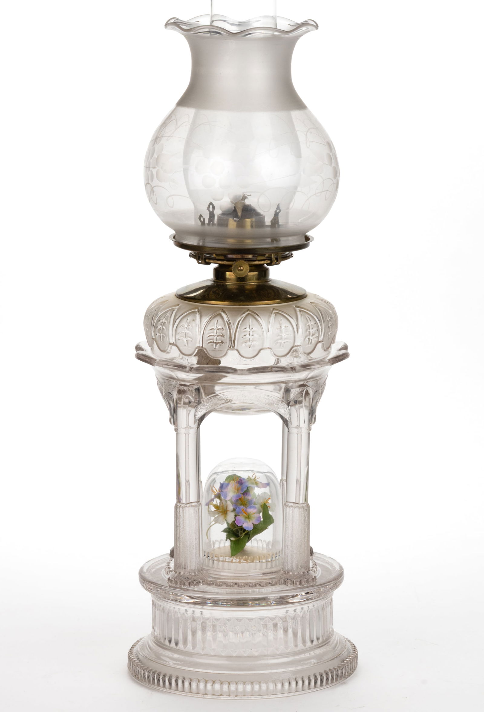 ADAM'S TEMPLE / APPLESAUCE KEROSENE STAND LAMP: ADAMS TEMPLE / APPLESAUCE KEROSENE STAND LAMP, colorless and frosted, original molded font with molded tree-form figures in arches to shoulder, non-period central colorless dome with internal silk flo