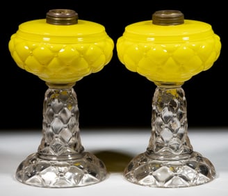 QUILT / FLORETTE KEROSENE STAND LAMPS, PAIR
