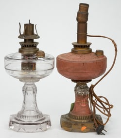 CANADIAN PATENTED W. H. HARVEY KEROSENE STAND LAMPS, LOT OF TWO