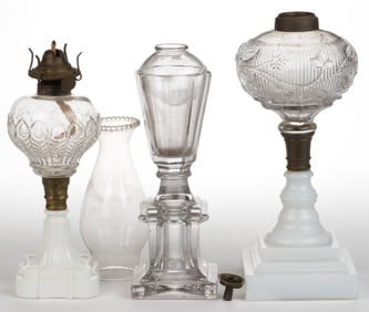ASSORTED PATTERNED KEROSENE STAND LAMPS, LOT OF THREE
