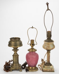 ASSORTED PATTERNED ELECTRIC AND KEROSENE STAND LAMPS, LOT OF THREE