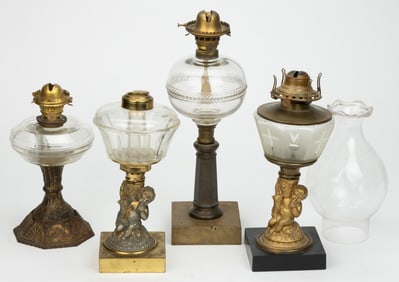ASSORTED PATTERNED KEROSENE STAND LAMPS, LOT OF FOUR