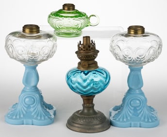 ASSORTED PATTERNED KEROSENE LAMPS, LOT OF FOUR