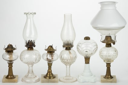 ASSORTED PATTERNED KEROSENE STAND LAMPS, LOT OF SIX