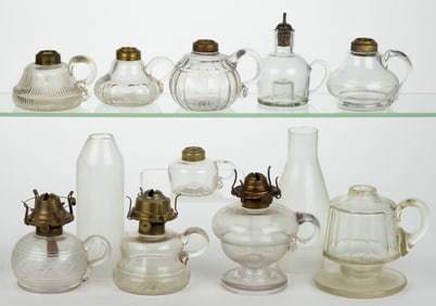 ASSORTED PATTERNED KEROSENE FINGER LAMPS, LOT OF TEN