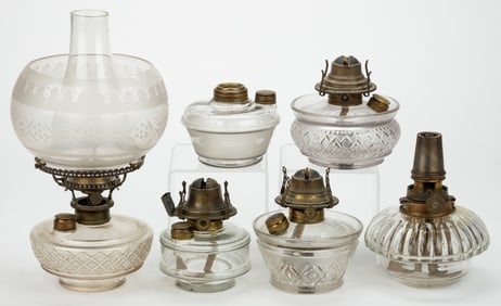 ASSORTED PATTERNED KEROSENE BRACKET LAMP FONTS, LOT OF SIX