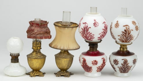 ASSORTED BRASS AND GLASS MINIATURE LAMPS, LOT OF FIVE