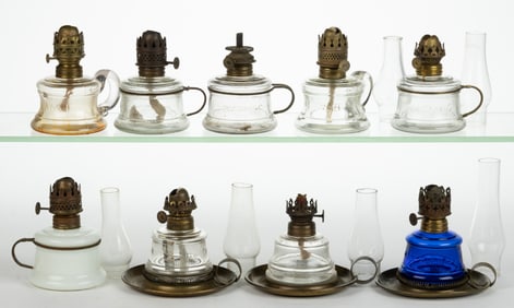 ASSORTED NAME EMBOSSED AND OTHER MINIATURE FINGER LAMPS, LOT OF NINE