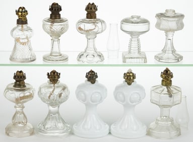 ASSORTED PATTERN MINIATURE STAND LAMPS, LOT OF TEN