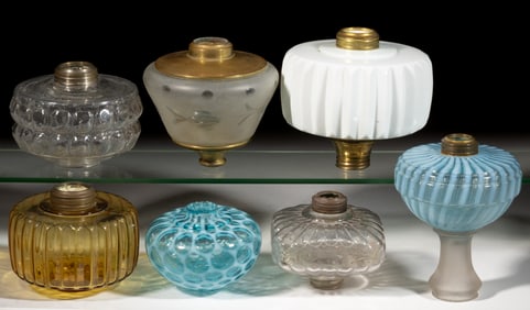 ASSORTED KEROSENE LIGHTING LAMP FONTS, LOT OF SEVEN