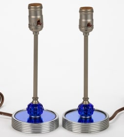 ART DECO CHROME AND GLASS BOUDOIR ELECTRIC LAMPS, PAIR