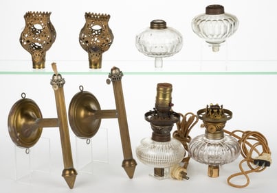 ASSORTED PATTERNED METAL AND GLASS KEROSENE LAMPS, LOT OF SIX